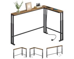 Smalle consoletafel 200 cm, in hoogte verstelbaar, L-vormig, met oplaadstation, achter de bank -retro bruin.