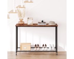 Smalle consoletafel, halmeubel met 2 opbergniveaus en glazen legplank, metalen constructie, modern industriële stijl, rustiek bruin