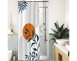 Smalle Douchegordijn 90x180 cm – Waterafstotend Polyester Badgordijn – Abstract Zon & Bladeren Blauw – Wasbaar – Inclusief 6 Haken