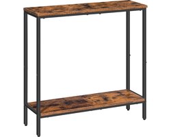 Smalle gangtafel met plank, 75 x 22 x 75 cm, bijzettafel, kleine tentoonstellingstafel, banktafel voor kleine ruimte, voor ingang, hal, donkerbruin-zwart