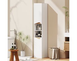 Smalle hoge badkamerkast met 2 deuren en 2 open vakken, voor de badkamer, 30 x 34,6 x 182 cm, wit