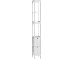 Smalle Hoge Badkamerkast - Witte Badkamerkast Met 2 Laden - 3 Open Planken - Vrijstaande Kast Voor Kleine Badkamer - MDF - 20 x 30 x 160 cm