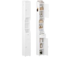 Smalle Hoge Kast – 2 Deuren + Lade + Open Vak – Wit – 20 × 20 × 180 Cm – Voor Kleine Ruimtes