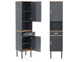 Smalle Hoge Kast met 5 Compartimenten, 2 Deuren en Verstelbare Planken (Grijs)