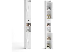 Smalle Hoge Kast Met Lade En Open Vakken – Verstelbare Planken – 20 × 20 × 180 Cm – Wit