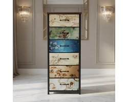 Smalle Hoge Ladekast met 6 Stoffen Lades – 40x30x115,5 cm – Vintage Bloemen Design – Ruimtebesparende Commode met Metalen Frame en Houten Bovenblad – Slaapkamer, Hal & Woonkamer Opbergkast – Mobili Bella