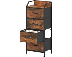Smalle industriële ladekast - 4 stoffen lades - Rustieke houtlook en zwart - MDF-blad met opstaande rand - Slaapkamer en hal - 43 x 30 x 97,5 cm