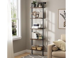 Smalle Ladderkast met 5 Niveaus - Hoge Boekenkast voor Kleine Ruimtes - Industrieel Zwart Metaal en Rustiek