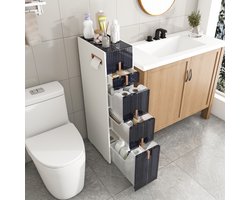 Smalle Ladekast Opbergkast Wit - 3 Grote Laden - 1 Kleine Lade - 2 Klepdeksels - 2 Voorste Wielen - Antislip Steunpoten - Robuust PP-materiaal - Badkamer Opbergruimte