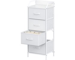 Smalle ladekast wit - 4 stoffen lades met leerlookfronten - MDF-blad met opstaande rand - Verstelbare voeten - Slaapkamer en hal - 43 x 30 x 97,5 cm