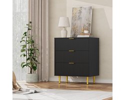 Smalle ladenkast met 3 laden, 60×40×75 cm – geribbeld golvend front, goudkleurige metalen handgrepen en poten, inclusief kantelbeveiliging, geschikt voor slaapkamer, woonkamer en gang