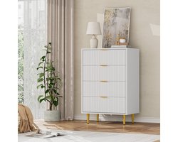Smalle ladenkast met 4 laden, 60×40×94 cm – geribbeld golvend front, goudkleurige metalen handgrepen en poten, inclusief kantelbeveiliging, geschikt voor slaapkamer, woonkamer en gang