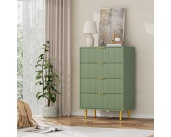 Smalle ladenkast met 4 laden, 60×40×94 cm – geribbeld golvend front, goudkleurige metalen handgrepen en poten, inclusief kantelbeveiliging, geschikt voor slaapkamer, woonkamer en gang