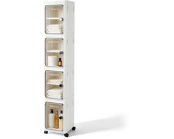 Smalle Opbergkast 4 Etages voor Smalle Ruimtes - 22 cm Breed - Verrijdbare Kast met 360° Wielen - Opvouwbaar Design - Transparante Deuren - PP Kunststof - Transparant Grijs