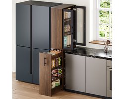 Smalle Opbergkast 60x30x180 cm met Glazen Deuren en Uittrekbare Trolley - Hout en Zwart Metaal - Voor Keuken en Woonkamer.