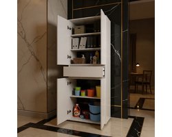 Smalle Opbergkast Hoog, 60 cm Breed met 4 Deuren en Lade – Multifunctionele Kast met 3 Planken – Witte Huishoud- en Kantoorkast – Compacte Kast voor Slaapkamer, Hal en Bergruimte – 64 x 34 x 180 cm - House&Garden