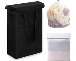 Smalle Opvouwbare Wasmand Zwart met Deksel en Handvat - 45 Liter