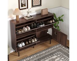 Smalle schoenenkast met 3 kleppen – Schoenenrek met opbergruimte en plank, 120x28x92 cm – Modern schoenenmeubel voor hal en entree