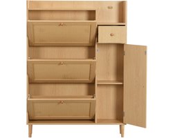 Smalle Schoenenkast / Opbergkast 125 cm - Zeer Smal Ontwerp (17 cm Diep) - Met Rotan Deuren & Massief Houten Poten