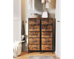 Smalle Vintage Commode met 5 Stoffen Lades – Mobili Bella Hoge Opbergkast 120 cm – Ruimtebesparende Ladekast met Stalen Frame & Houten Blad – Slaapkamer & Woonkamer Organizer Kast – Industrieel Design-Mobili Bella