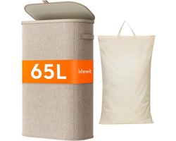Smalle Wasmand 65L met Deksel – Opvouwbare Wassorteerder met Kunststof Frame – Grote Wasverzamelaar voor Slaapkamer & Badkamer – Beige