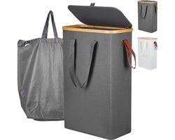 Smalle Wasmand Met Deksel - 52L Slanke Opvouwbare Wasbox - Inclusief Waszak En 5 Rubberen Voetjes - Bamboe Frame Met Waterdichte Stof - Ideaal Voor Appartement - Slaapzaal En Caravan - Grijs