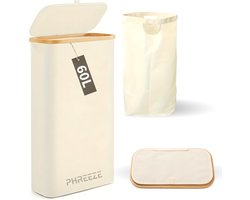 Smalle Wasmand met Deksel en Waszak - 60L - Smal - Wasmand - Opvouwbaar - Opbergmand - Linnen - Beige