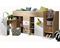 Smart Hoogslaper met Bureau en Opbergruimte voor Kinderen en Tieners - Multifunctioneel Stapelbed 248,5x93x123 cm