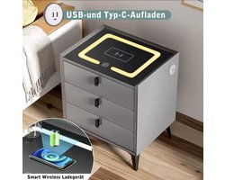Smart Nachtkast - Telefoon Draadloos Opladen - Grijs - 3 Laden - 50*50*60cm - Nachtkastje - Slaapkamer - Extra USB Poorten