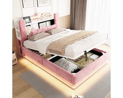 Smart Polsterbed 140x200 cm - LED Verlichting - USB Poort - Hydraulische Opbergruimte - Zachte Fluweel - Metalen Frame - Roze