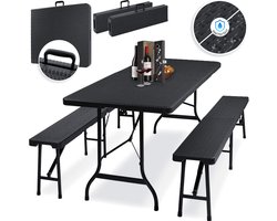 SmartImprove -  Tafel Set - 3 Delige Set - Tafel + 2 x Bank - Voor Binnen / Buiten - inklapbaar - Handgrepen - HxBxD: 73 x 180 x 75 cm - Kunststof - Camping - Look Tuinset - Vakantie - Klaptafel - Tuintafel - Zwart