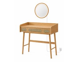 SmartLiving.Store - Kaptafel - Make-up tafel met spiegel en verlichting - 3 lades - BOHO stijl - Rotanlook - 43x90x82 cm (DxBxH)