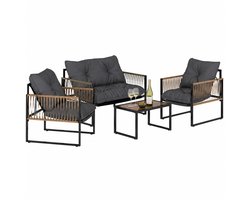 SmartLiving.Store - Tuinset - Loungeset - 2-Zitsbank, 2 Fauteuils, Salontafel met Glazen Blad - Met Kussens - 4 Personen - Antraciet