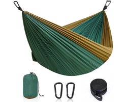 SMH LINE® Hangmat - Weerbestendige - Tot 250kg - Incl. Karabijnhaken Riemen en Opberg hoes - 275x140cm Ultra licht - Groen/Khaki