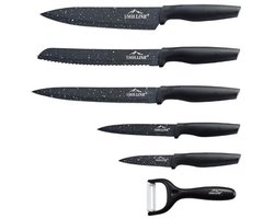 SMH LINE® Messenset - 6 Delig - Professionele keukenmessen Set - Antiaanbaklaag - RVS - Zwart