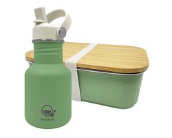 Smikkels - RVS lunchbox met drinkfles kind - Groen - 304 RVS (18/8) - Lunchset Broodtrommel en Schoolbeker - Basisschool