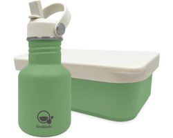 Smikkels - RVS Lunchset - Met vernieuwde rietjes dop en siliconen deksel - Groen - Schoolset kind