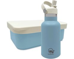 Smikkels - RVS Lunchset thermos/siliconen - Met vernieuwde rietjes dop en siliconen deksel - Blauw - Schoolset kind