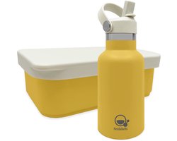 Smikkels - RVS Lunchset thermos/siliconen - Met vernieuwde rietjes dop en siliconen deksel - Geel - Schoolset kind