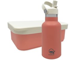 Smikkels - RVS Lunchset thermos/siliconen - Met vernieuwde rietjes dop en siliconen deksel - Roze - Schoolset kind