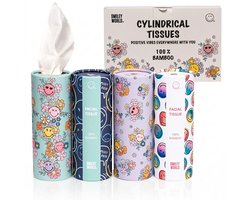 Smiley World® tissues - zakdoekjes – set van 4 assorti cilinders – cilindervormig ontwerp – 100% bamboe – plasticvrij – 3-laags – duurzame tissues in herbruikbare premium kokers – compact formaat voor auto, school, rugzak, thuis en reizen