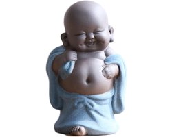 Smiling Maitreya Buddha Beeld van Keramiek - Decoratieve Thee Sculptuur voor Thuis, Kantoor en Cadeaus - Kleine Monnik Theeset Accessoire in Blauw