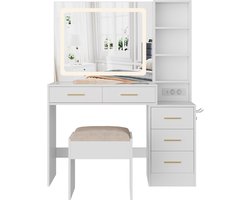 SMINKTAFEL wit MDF 110cm met LED-spiegel, stopcontacten, glazen blad en gepolsterde kruk