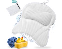 Sminty® Badkussen voor in Bad – Luxe Nekondersteuning met 6 Zuignappen – Anti-Slip & Waterdicht – Inclusief Waszakje – Memory Foam Comfort – Wit