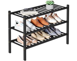 Smiry Schoenenrek - 3 Lagen - Bamboe Schoenenrek - Bamboe Schoenenkast -Voor 12 paar schoenen- 68x28x46.5cm - Bamboe - Zwart