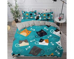 Smoakez - 3D Kat Beddengoed Set voor Eenpersoons Dubbele King Super King Size Bed - Turquoise - Zachte Microfiber - Inclusief Kussenslopen en Dekbedovertrek - 135x210cm