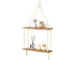 Smoakez - Macramé muur opknoping plank 2 tier boho kamer decor handgemaakt katoenen touw rustiek hout drijvende planken display foto's planten opknoping opslag rekken voor woonkamer kinderkamer badkamer