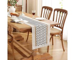 Smoakez - Macrame Tafelloper in crème beige met kwastjes - Handgeweven van katoen en jute - Rustieke boerderijstijl voor Bohemien keuken eettafel met kwastjes - Rustiek en Boho design voor tafeldecoratie - Ca. [lengte] lang