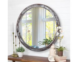 Smoakez - Ronde spiegel 40cm hangende cirkel wanddecoratieve spiegel natuurlijke houten boerderij frame bruine waslijn rand voor slaapkamer badkamer woonkamer of gang