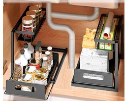 Smoakez - Set van 2 opbergers voor onder de tafel met 2 niveaus - Multifunctionele organizer voor keuken en badkamer (zwart)